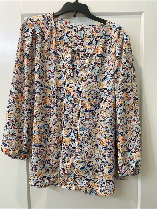 Collective Concepts Tops - Collective Concepts Cream Paisley Peasant Top with Navy & Yellow Accents